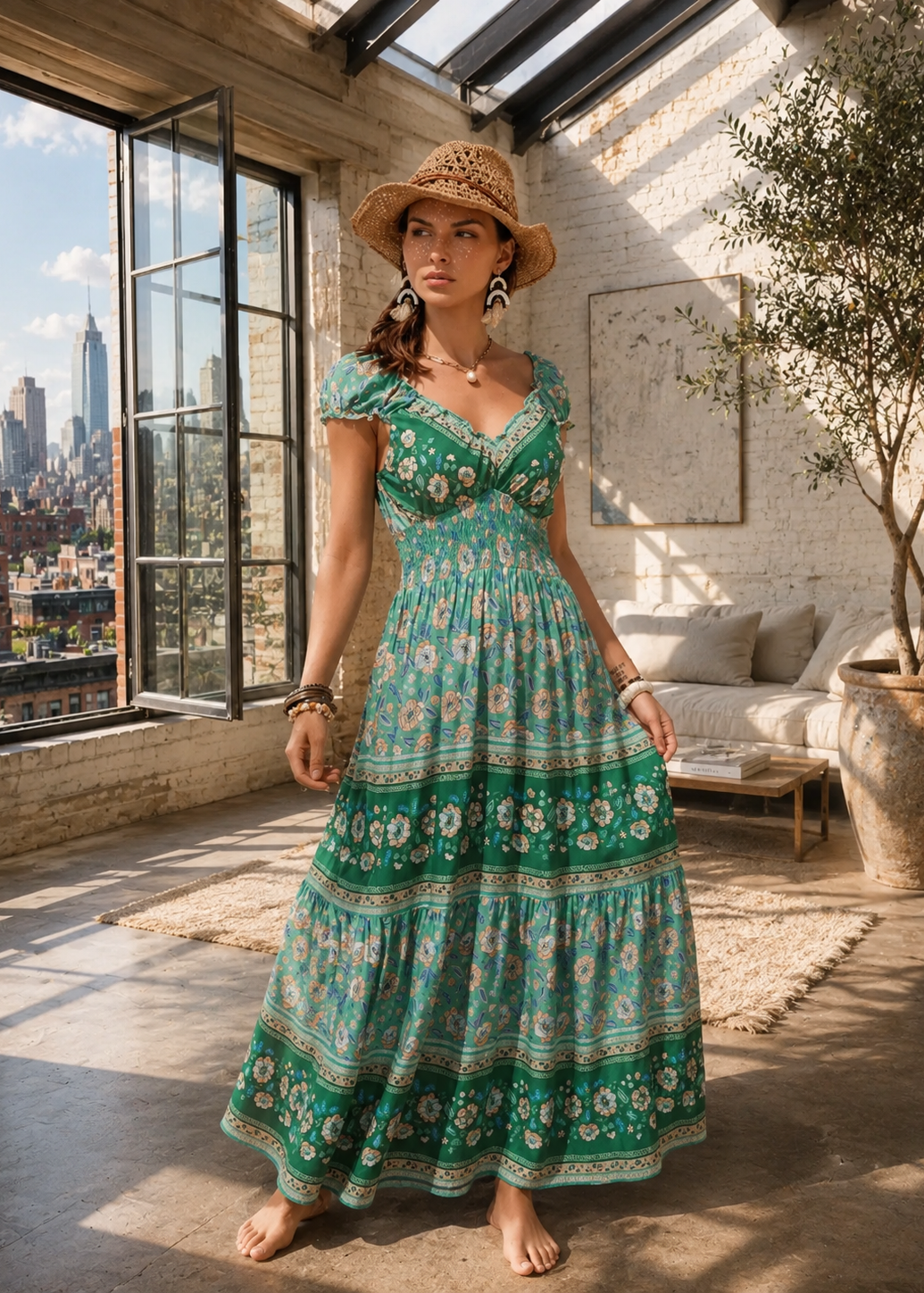 A woman stands barefoot in a sunlit loft-style room wearing a long green tiered maxi dress with a white and pink floral print, a woven straw hat, and large earrings. Large windows, a city skyline, and a sofa are visible in the background.