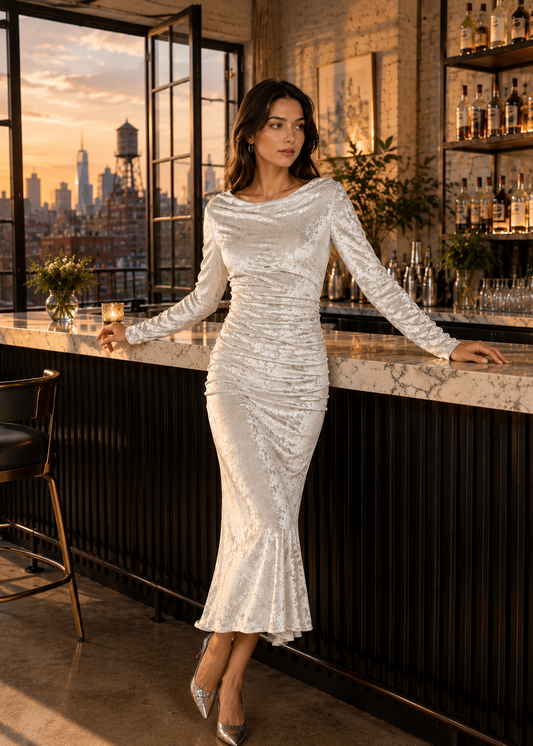 A woman wearing a fitted long-sleeve white sequined evening gown stands at a bar counter in a modern bar interior with a city skyline visible through large windows.
