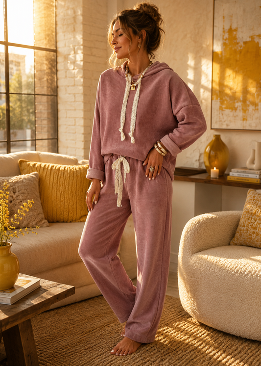 A woman models a matching dusty mauve lounge set consisting of a long-sleeve drawstring hoodie and wide-leg sweatpants in a warm, sunlit living room.