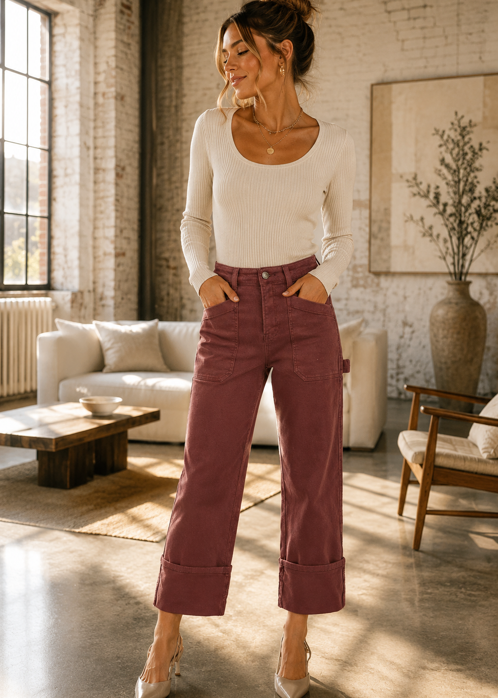 A woman stands in a bright, sunlit loft-style room wearing a fitted white ribbed long-sleeve top and dusty rose wide-leg cropped pants with rolled cuffs, paired with light beige heels.
