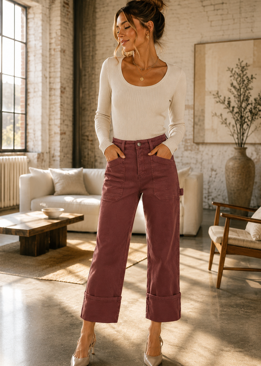 A woman stands in a bright, sunlit loft-style room wearing a fitted white ribbed long-sleeve top and dusty rose wide-leg cropped pants with rolled cuffs, paired with light beige heels.