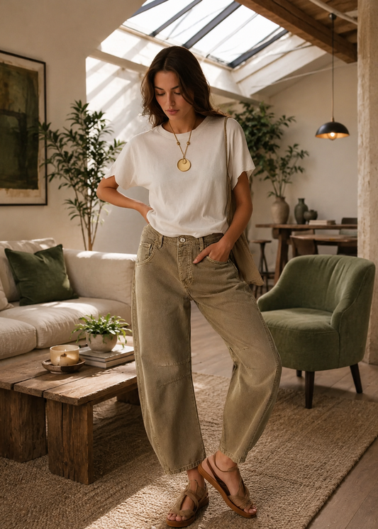 A woman stands in a bright, modern living room wearing a white short-sleeve t-shirt, beige wide-leg cropped pants, and brown leather sandals. She is wearing a gold pendant necklace.