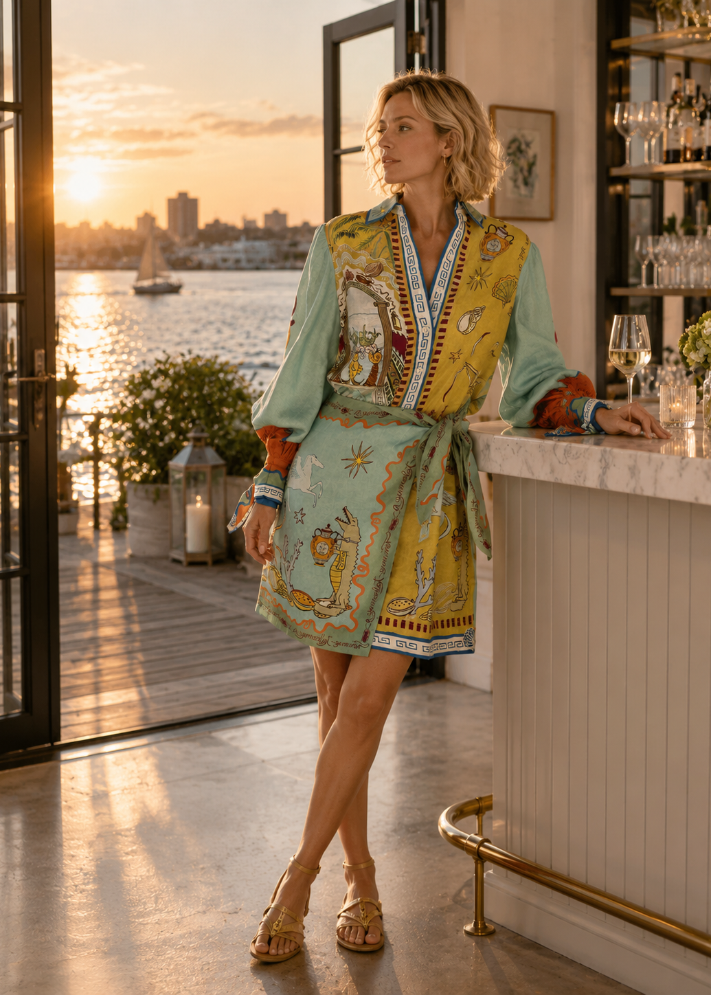 A woman stands in a sunlit indoor bar or patio setting by the water at sunset, wearing a colorful printed wrap-style shirt dress with a tie waist and long sleeves. The dress has a yellow and aqua base with illustrated motifs and patterned trim.
