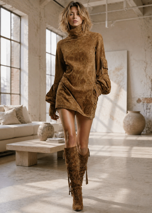 A woman models a brown suede turtleneck mini dress with matching suede knee-high boots in a sunlit, rustic loft interior.