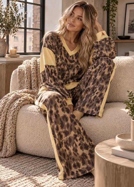 A woman sits on a cream boucle sofa wearing a matching lounge set with a leopard print pattern and solid yellow trim. The set includes a long-sleeve V-neck top and wide-leg pants.