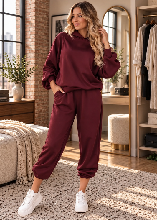 A woman modeling a matching burgundy lounge set consisting of a long-sleeve sweatshirt and jogger pants, styled with white sneakers in a modern, sunlit bedroom.