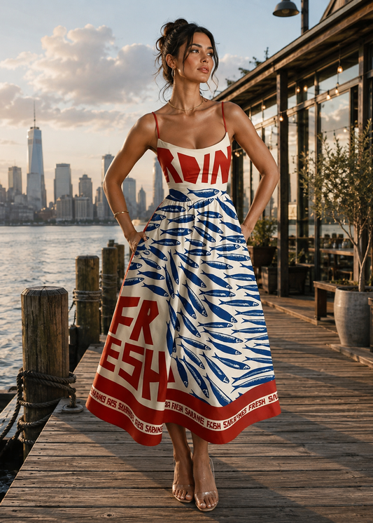 A woman stands on a wooden dock by the water with a city skyline in the background, wearing a sleeveless midi dress with a red and white 'FRESH' text top and a blue, white, and red abstract patterned skirt.
