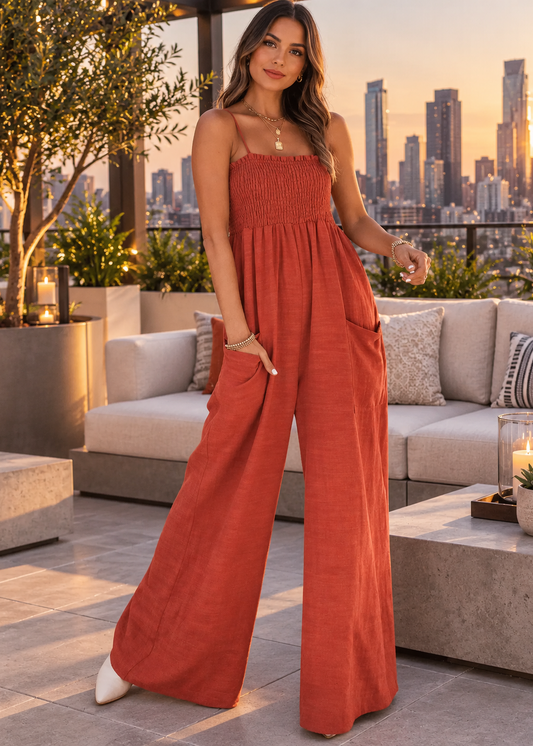 A woman models a rust-orange smocked strapless jumpsuit with wide legs on a modern rooftop patio at sunset, with a city skyline in the background.