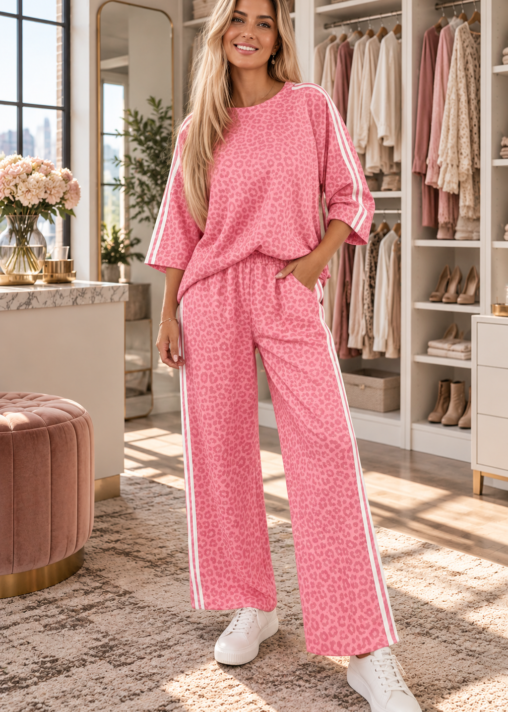 A woman modeling a pink leopard-print lounge set with white side stripes, consisting of a short-sleeve top and matching wide-leg pants, standing in a bright, modern dressing room.