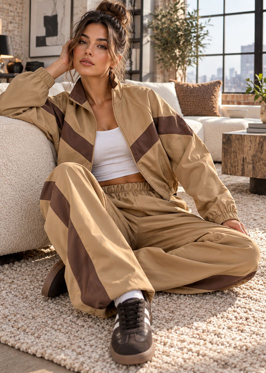 A woman sits on a textured cream rug in a modern living room, wearing a matching beige and brown color-blocked windbreaker jacket and wide-leg pants set, styled with a white crop top and black sneakers.