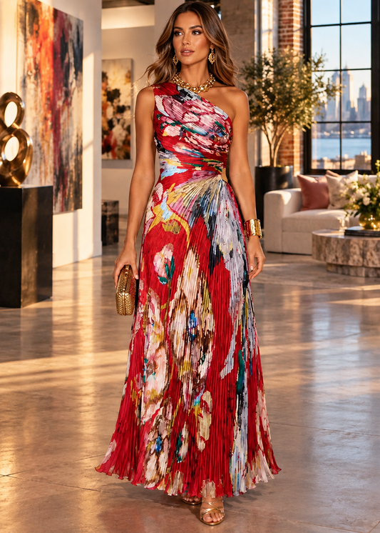 A woman models a sleeveless, one-shoulder maxi dress with a vibrant red and multicolor abstract floral print and pleated skirt, standing in a modern loft setting.