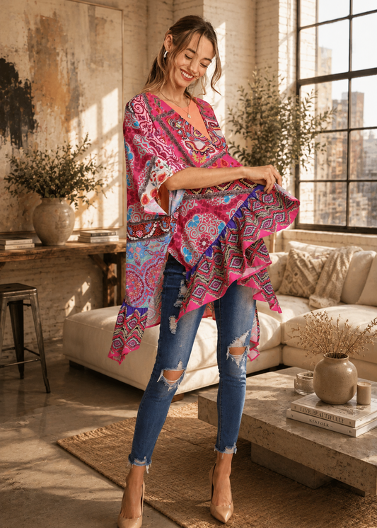 A woman modeling a vibrant pink and blue paisley-patterned kaftan dress in a bright, modern loft living room with a beige sectional sofa and large windows.