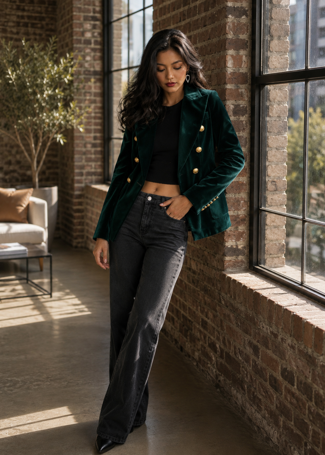 A woman stands in a loft-style room with brick walls and large windows, wearing a dark green velvet double-breasted blazer with gold buttons, a black crop top, and dark gray flared jeans.