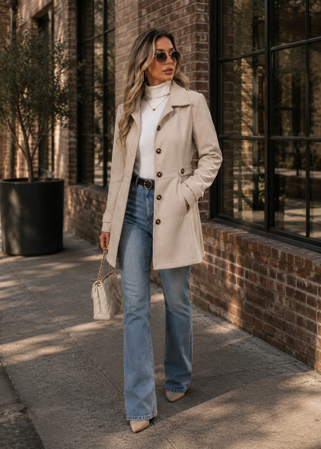 A woman stands on a city sidewalk wearing a light beige double-breasted coat over a white turtleneck, light blue flared jeans, and beige heels, holding a small cream handbag.
