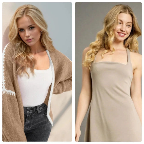 A blonde woman wearing an open brown cardigan with white trim and stitching details, a white top, and dark jeans. A blonde woman wearing a light taupe halter neck dress against a solid grey background.
